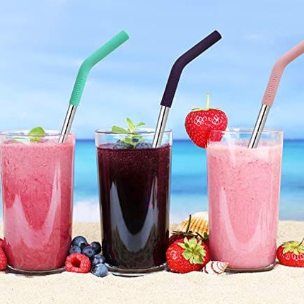 Senneny Set of 5 Stainless Steel Straws with Silicone Flex Tips Elbows Cover, 2 Cleaning Brushes and 1 Portable Bag Included (8mm diameter, Silver)