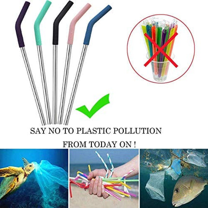 Senneny Set of 5 Stainless Steel Straws with Silicone Flex Tips Elbows Cover, 2 Cleaning Brushes and 1 Portable Bag Included (8mm diameter, Silver)