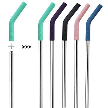 Senneny Set of 5 Stainless Steel Straws with Silicone Flex Tips Elbows Cover, 2 Cleaning Brushes and 1 Portable Bag Included (8mm diameter, Silver)