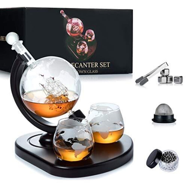WEEBNG Whiskey Decanter Set,Globe Wine Decanter Set with 2 Glasses,Cleaning Beads,4 Stainless Steel Ice Cubes and Ice Tong,Beverage Drink Liquor Dispenser - Gift Set for Liquor, Scotch,Bourb(29oz)