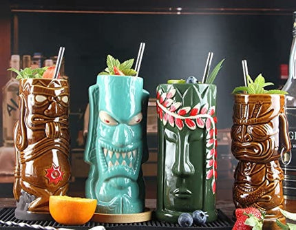 Tiki mugs cocktail set of 4 - Ceramic Hawaiian Party Mugs Drinkware, cute exotic cocktail glasses, Hawaiian party barware, great home bar present idea, SC028