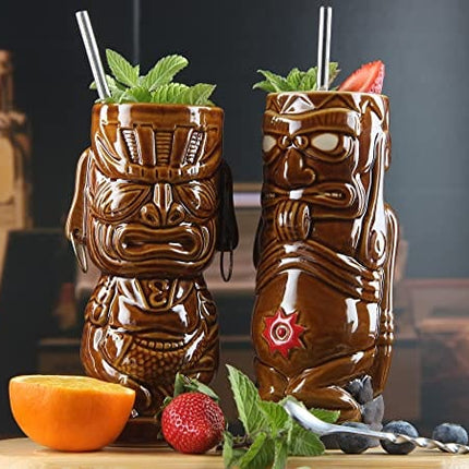 Tiki mugs cocktail set of 4 - Ceramic Hawaiian Party Mugs Drinkware, cute exotic cocktail glasses, Hawaiian party barware, great home bar present idea, SC028