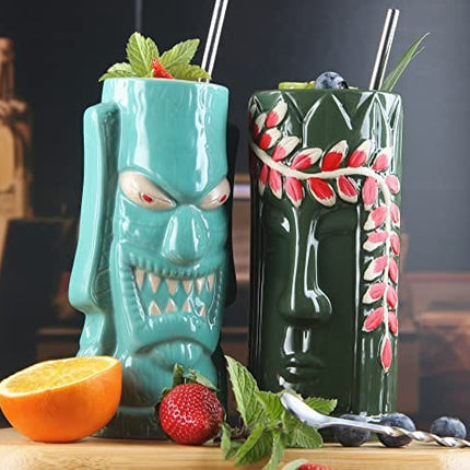 Tiki mugs cocktail set of 4 - Ceramic Hawaiian Party Mugs Drinkware, cute exotic cocktail glasses, Hawaiian party barware, great home bar present idea, SC028