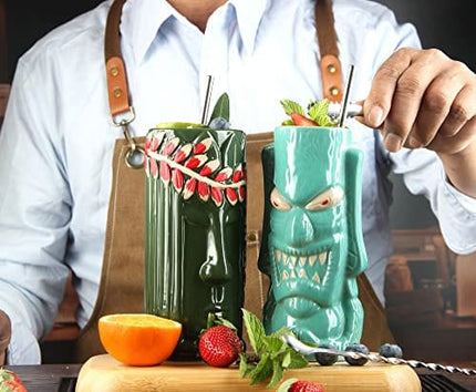 Tiki mugs cocktail set of 4 - Ceramic Hawaiian Party Mugs Drinkware, cute exotic cocktail glasses, Hawaiian party barware, great home bar present idea, SC028
