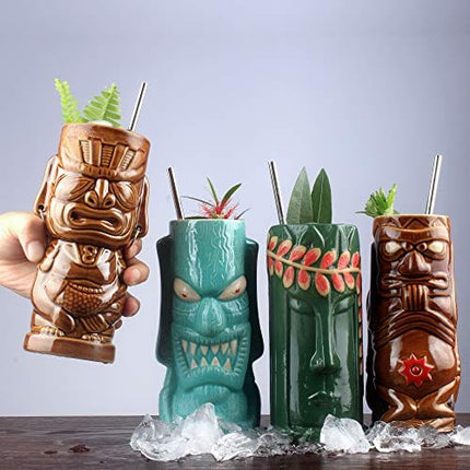 Tiki mugs cocktail set of 4 - Ceramic Hawaiian Party Mugs Drinkware, cute exotic cocktail glasses, Hawaiian party barware, great home bar present idea, SC028