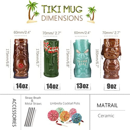 Tiki mugs cocktail set of 4 - Ceramic Hawaiian Party Mugs Drinkware, cute exotic cocktail glasses, Hawaiian party barware, great home bar present idea, SC028