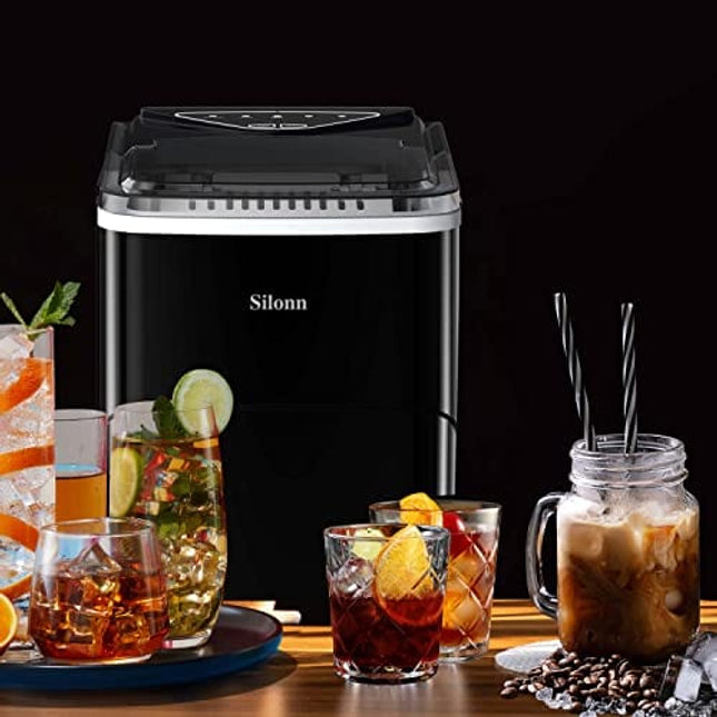 Silonn Ice Makers Countertop, 9 Cubes Ready in 6 Mins, 26lbs in 24Hrs, Self-Cleaning Ice Machine with Ice Scoop and Basket, 2 Sizes of Bullet Ice for Home Kitchen Office Bar Party