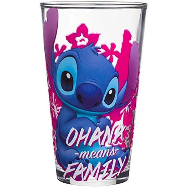 Silver Buffalo Lilo and Stitch Ohana Means Family Pint Glass, 16-Ounce, blue and pink