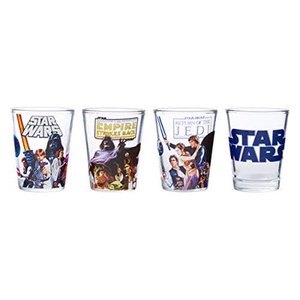 Silver Buffalo Star Wars Original Trilogy: A New Hope, Empire Strikes Back, Return of the Jedi - 4 Pack Mini Glasses Featuring Yoda, Luke, Darth Vader, Han Solo, Chewbacca, Princess Leia, Ewok, 1.5oz