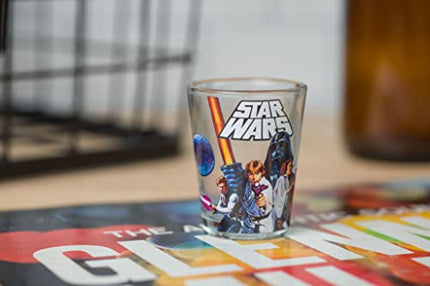 Silver Buffalo Star Wars Original Trilogy: A New Hope, Empire Strikes Back, Return of the Jedi - 4 Pack Mini Glasses Featuring Yoda, Luke, Darth Vader, Han Solo, Chewbacca, Princess Leia, Ewok, 1.5oz