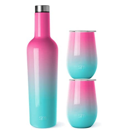 Simple Modern Wine Tumbler and Bottle Gift Set | Insulated 750ml Bottle and 2 12oz Stemless Glass Cups with Lid Christmas Gifts for Women Men | Spirit Collection | Sorbet