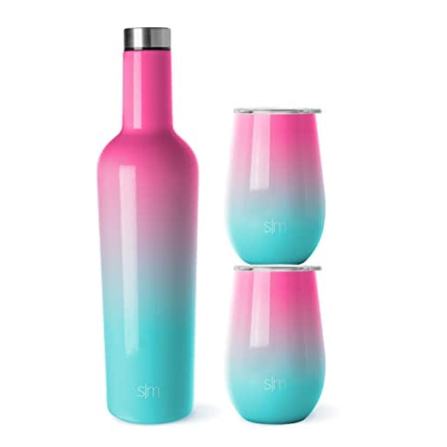 Simple Modern Wine Tumbler and Bottle Gift Set | Insulated 750ml Bottle and 2 12oz Stemless Glass Cups with Lid Christmas Gifts for Women Men | Spirit Collection | Sorbet