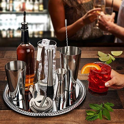 16-piece Pro Cocktail Set with Weighted Boston Shaker. Dishwasher Safe. Includes Stainless Steel Full-Service Bar Tools with Easy-Open Drink Shaker, Recipe Guide & Carry Bag