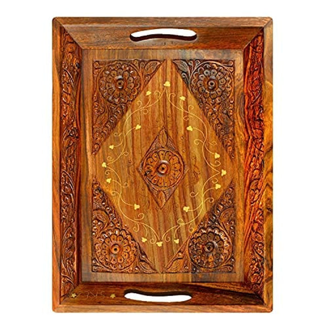 SKEZ Handcrafted Elegant Decorative Tray – Large Rectangular Serving Tray with Handle – Coffee Table Tray Home Décor (Large 16"x 12" x 1.75”)