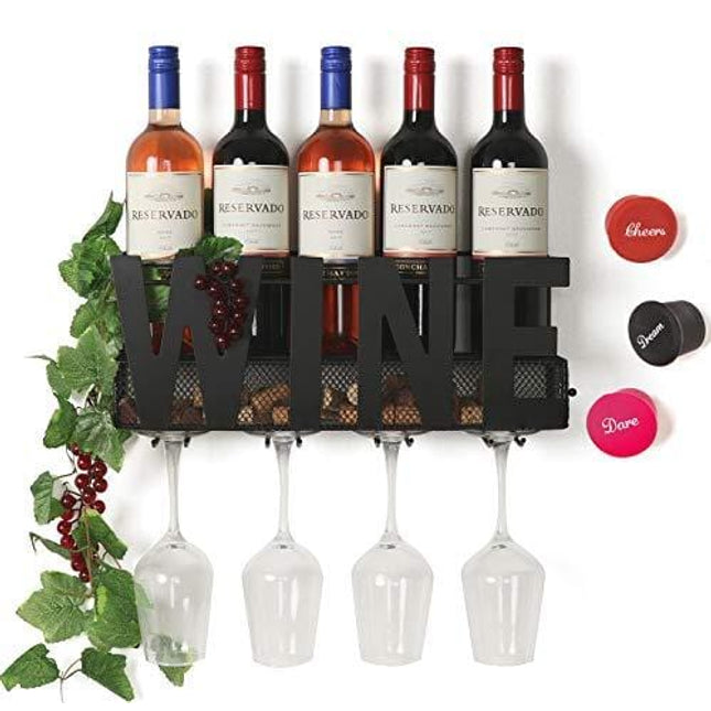 SODUKU Wall Mounted Metal Wine Rack 4 Long Stem Glass Holder & Wine Cork Storage Wine
