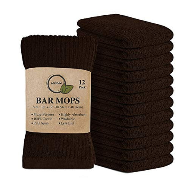 Softolle Kitchen Towels, Pack of 12 Bar Mop Towels -16x19 Inches -100% Cotton White Towels - Super Absorbent Bar Towels, Multi-Purpose for Home, Kitchen and Bar Cleaning (Brown)