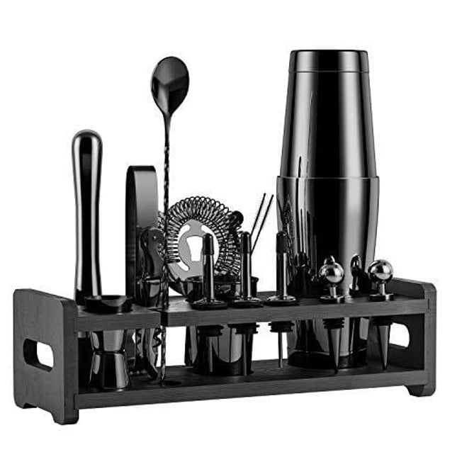 Soing 24-Piece Cocktail Shaker Set,Perfect Home Bartender Kit for Drink Mixing,Stainless Steel Bar Tools With Stand,Velvet Carry Bag & Recipes Cards Included (Black)