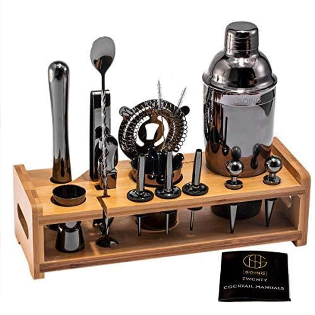 Soing Black 24-Piece Cocktail Shaker Set,Perfect Home Bartending Kit for Drink Mixing,Stainless Steel Bar Tools With Stand,Velvet Carry Bag & Recipes Included