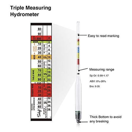 Triple Scale Hydrometer and Glass Test Jar for Wine, Beer, Mead & Cider - ABV, Brix and Gravity Test Kit