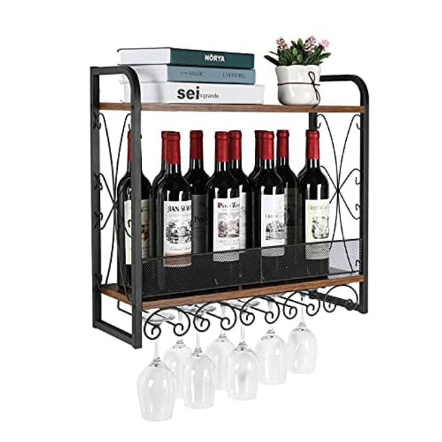 Industrial Wall Mounted Wine Rack with 5 Stem Glass Holder - Hold 10 Wine Glasses, 2 Tier Hanging Wine Storage Rack with Metal Mesh Fence, for Home Kitchen Bar Pantry, 23.6''L x 8''W x 21.6''H