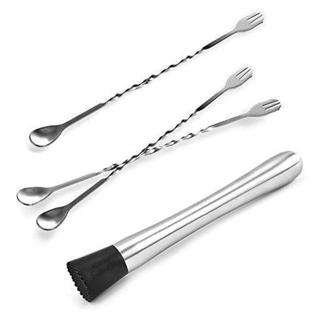 Set of 4 Muddler Bar Tools Essentials, SourceTon 10 Inch Stainless Steel Cocktail Muddler & 3 Pieces Mixing Spoons Ideal Bartender Tool for Home and Bar