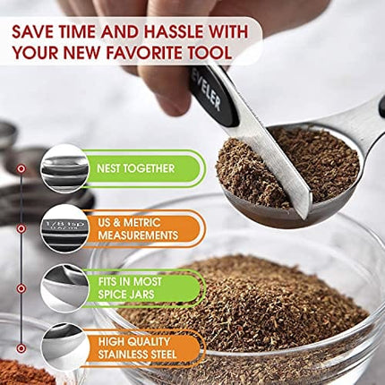 Spring Chef Magnetic Measuring Spoons Set, Dual Sided, Stainless Steel, Fits in Spice Jars, Black, Set of 8