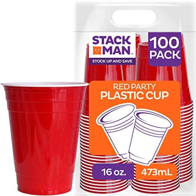 Stack Man Red [16 oz-100 Pack] Party, Cold Drink Plastic Disposable Cups, 100 Count (Pack of 1)