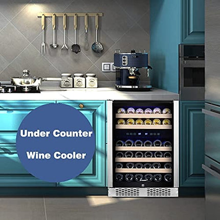 STAIGIS 24 Inch Wine Refrigerator, Under Counter Dual Zone Wine Cooler w/Stainless Steel Frame Glass Door, 46 Bottles Wine Fridge for Built In or Freestanding with Concealed Pull Design