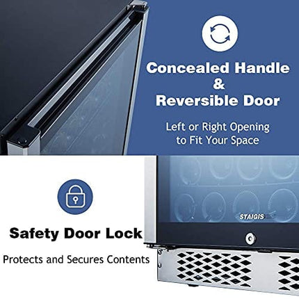 STAIGIS 24 Inch Wine Refrigerator, Under Counter Dual Zone Wine Cooler w/Stainless Steel Frame Glass Door, 46 Bottles Wine Fridge for Built In or Freestanding with Concealed Pull Design