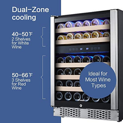 STAIGIS 24 Inch Wine Refrigerator, Under Counter Dual Zone Wine Cooler w/Stainless Steel Frame Glass Door, 46 Bottles Wine Fridge for Built In or Freestanding with Concealed Pull Design