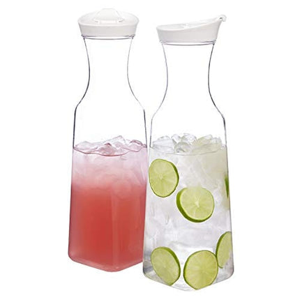 STORi Clear Plastic 50-ounce Square Base Beverage Carafes | set of 2 | White Lids