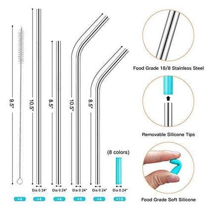 StrawExpert Set of 16 Reusable Stainless Steel Straws with Travel Case Cleaning Brush Silicone Tips Eco Friendly Extra Long Metal Straws Drinking for 20 24 30 oz Tumbler