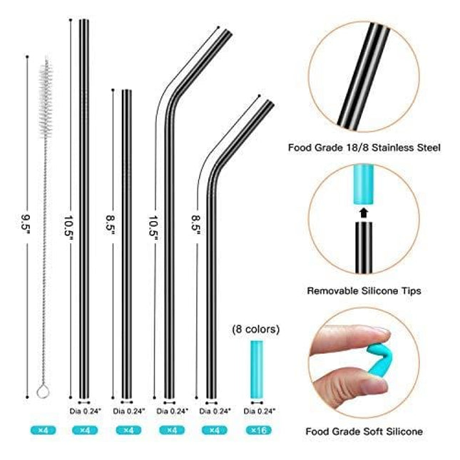 StrawExpert 16 Pack Black Reusable Metal Straws with Silicone Tip & Travel Case & Cleaning Brush,Long Stainless Steel Straws Drinking Straw for 20 and 30 oz Tumbler