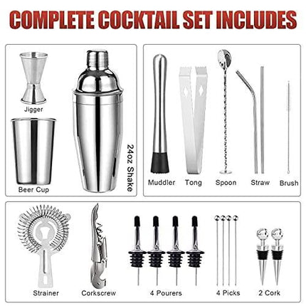 stusgo 22-Piece Cocktail Shaker Set, Bar Set 304 Stainless Steel, Perfect Home Bartending Kit with Stylish Stand for Drinking Mixing Cocktail Making, 24 Oz Barware Tool Sets for Christmas