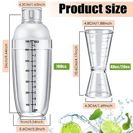 Suclain 8 Pcs Plastic Cocktail Shaker Set 6 Pcs 24 oz Drink Shaker 2 Pcs Double Measuring Jigger Clear Plastic Shaker Bottle Tea Drink Mixer Cocktail Measuring Cup for Bar Party Kitchen Tools