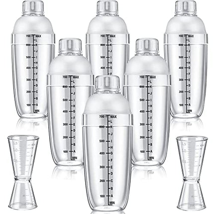 Suclain 8 Pcs Plastic Cocktail Shaker Set 6 Pcs 24 oz Drink Shaker 2 Pcs Double Measuring Jigger Clear Plastic Shaker Bottle Tea Drink Mixer Cocktail Measuring Cup for Bar Party Kitchen Tools