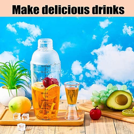 Suclain 8 Pcs Plastic Cocktail Shaker Set 6 Pcs 24 oz Drink Shaker 2 Pcs Double Measuring Jigger Clear Plastic Shaker Bottle Tea Drink Mixer Cocktail Measuring Cup for Bar Party Kitchen Tools