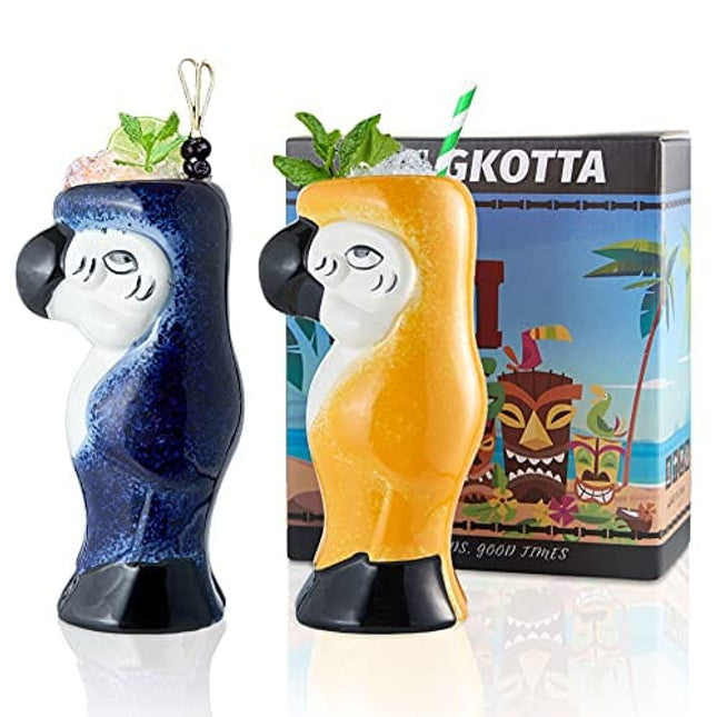 SUN GKOTTA Tiki Mugs Cocktail Set of 2 - Large Ceramic Hawaiian Party Mugs Drinkware, Cute Cocktail Glasses, Tiki Bar Professional Barware