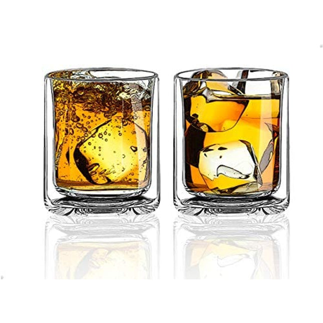 Sun's Tea Double Walled Drinking Glass, Manhattan-Style Glass for Hot and Cold Liquids, Whiskey, Bourbon, Vodka, and Scotch Borosilicate Clear Glass, Set of 2