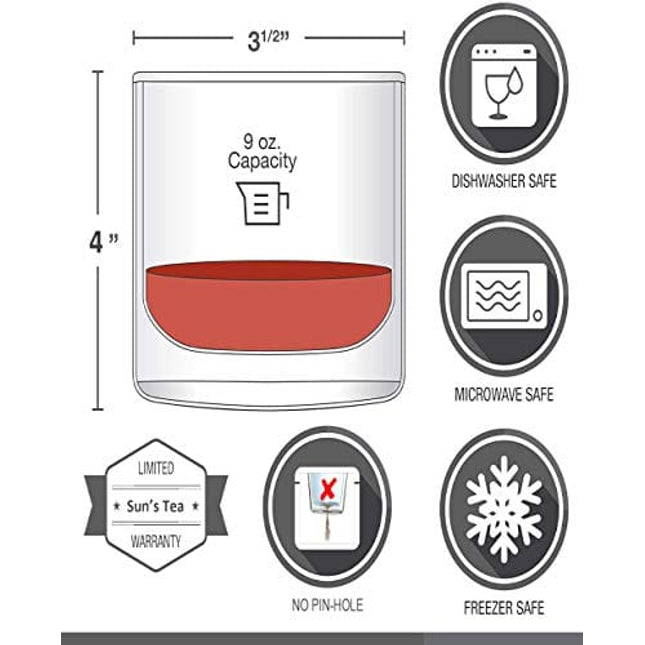 Sun's Tea Double Walled Drinking Glass, Manhattan-Style Glass for Hot and Cold Liquids, Whiskey, Bourbon, Vodka, and Scotch Borosilicate Clear Glass, Set of 2