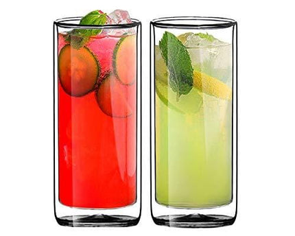 Sun's Tea(tm) 16oz Ultra Clear Strong Double Wall Insulated Thermo Glass Tumbler Highball Glass for Beer/cocktail/lemonade/iced Tea, Set of 2 (Made of Real Borosilicate Glass, Not Plastic)