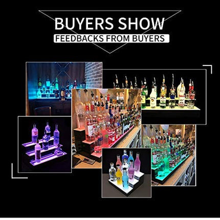 SUNCOO 40 Inch 2 Step LED Lighted Liquor Bottle Display Illuminated Bottle Shelf 2 Tier Home Commercial Bar Shelf Light Changing Shelves High Gloss Black Finish with Remote Control