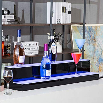 SUNCOO 40 Inch 2 Step LED Lighted Liquor Bottle Display Illuminated Bottle Shelf 2 Tier Home Commercial Bar Shelf Light Changing Shelves High Gloss Black Finish with Remote Control