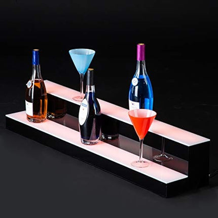 SUNCOO 40 Inch 2 Step LED Lighted Liquor Bottle Display Illuminated Bottle Shelf 2 Tier Home Commercial Bar Shelf Light Changing Shelves High Gloss Black Finish with Remote Control