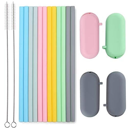 Sunseeke Silicone Straws Set - Odorless, 12 Standard Reusable Drinking Straws, 4 Carry Pouch, 2 Cleaning Brushes, Certificated Food Grade Platinum Silicone - 8 1/2" Long
