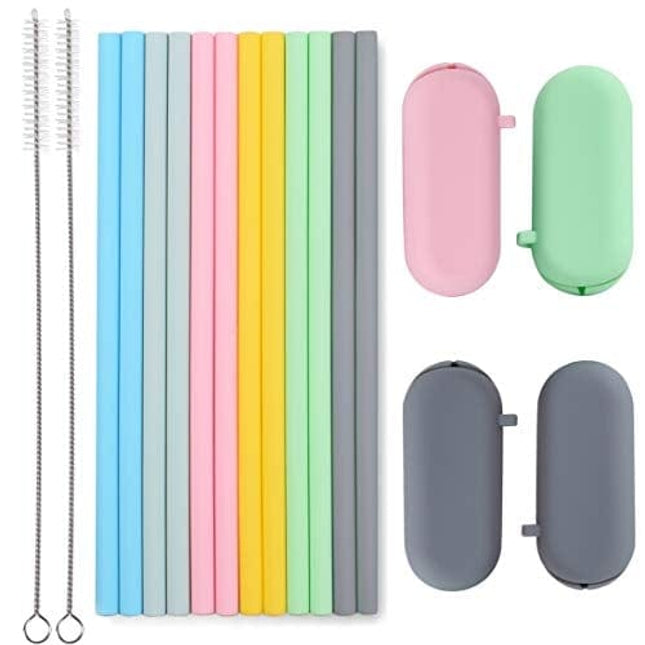 Sunseeke Silicone Straws Set - Odorless, 12 Standard Reusable Drinking Straws, 4 Carry Pouch, 2 Cleaning Brushes, Certificated Food Grade Platinum Silicone - 8 1/2" Long