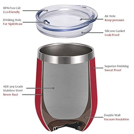 SUNWILL Vaccum Insulated Wine Tumbler with Lid (Wine Red), Stemless Stainless Steel Insulated Wine Glass 12oz, Double Wall Durable Coffee Mug, for Champaign, Cocktail, Beer, Office use