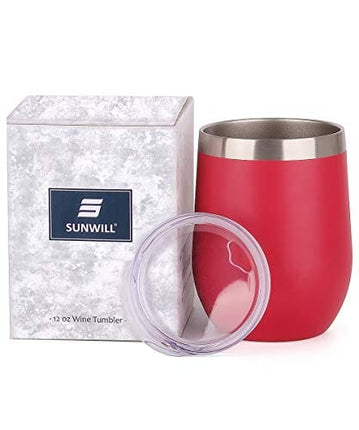 SUNWILL Vaccum Insulated Wine Tumbler with Lid (Wine Red), Stemless Stainless Steel Insulated Wine Glass 12oz, Double Wall Durable Coffee Mug, for Champaign, Cocktail, Beer, Office use