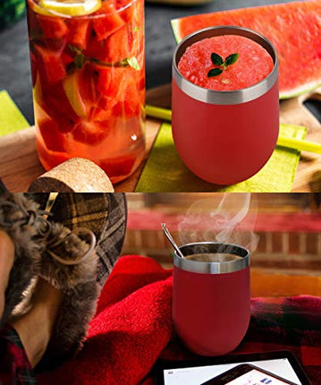 SUNWILL Vaccum Insulated Wine Tumbler with Lid (Wine Red), Stemless Stainless Steel Insulated Wine Glass 12oz, Double Wall Durable Coffee Mug, for Champaign, Cocktail, Beer, Office use