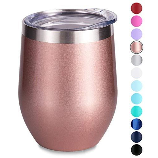 SUNWILL Insulated Wine Tumbler with Lid Rose Gold, Double Wall Stainless Steel Stemless Insulated Wine Glass 12oz, Durable Insulated Coffee Mug, for Champaign, Cocktail, Beer, Office
